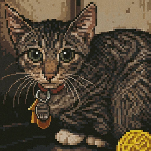 Pixel-art portrait of a shelter animal, redrawn from its adoption photo