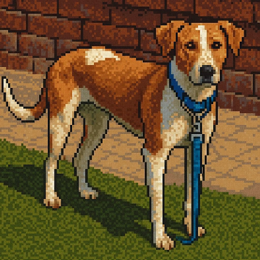 Pixel-art portrait of a shelter animal, redrawn from its adoption photo