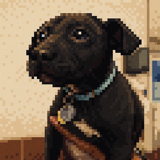 Pixel-art portrait of a shelter animal, redrawn from its adoption photo