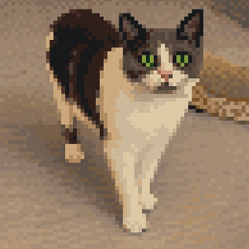 Pixel-art portrait of a shelter animal, redrawn from its adoption photo