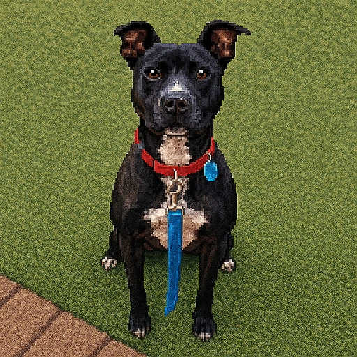 Pixel-art portrait of a shelter animal, redrawn from its adoption photo