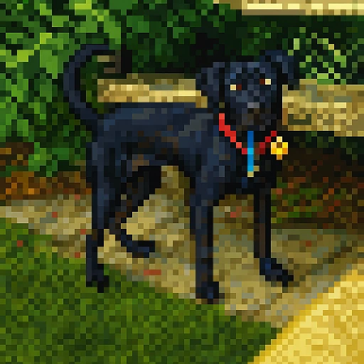 Pixel-art portrait of a shelter animal, redrawn from its adoption photo
