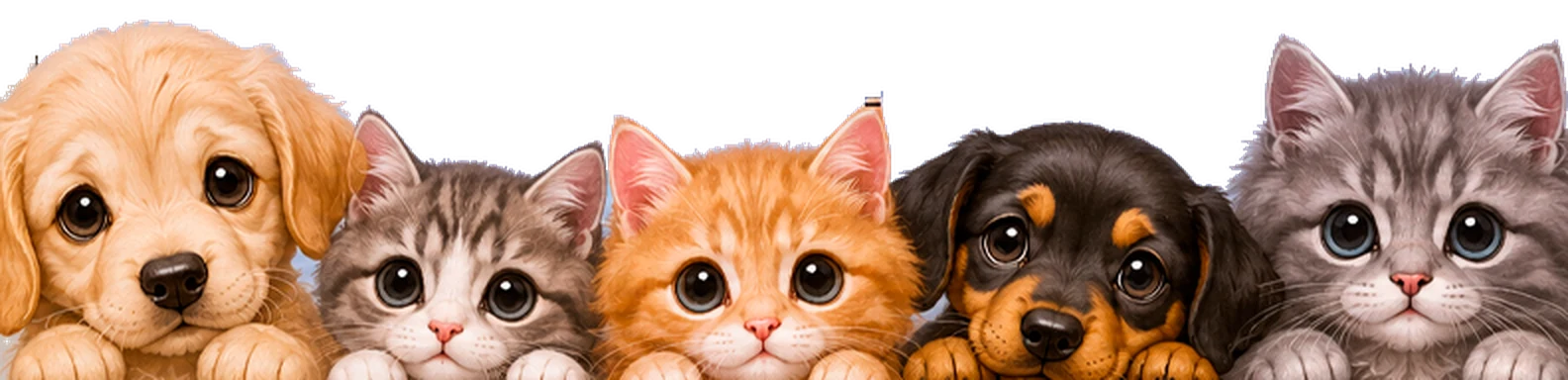 Five rescue animals — a golden retriever puppy, a tabby kitten, a ginger kitten, a dachshund puppy and a silver kitten — peering over a ledge.